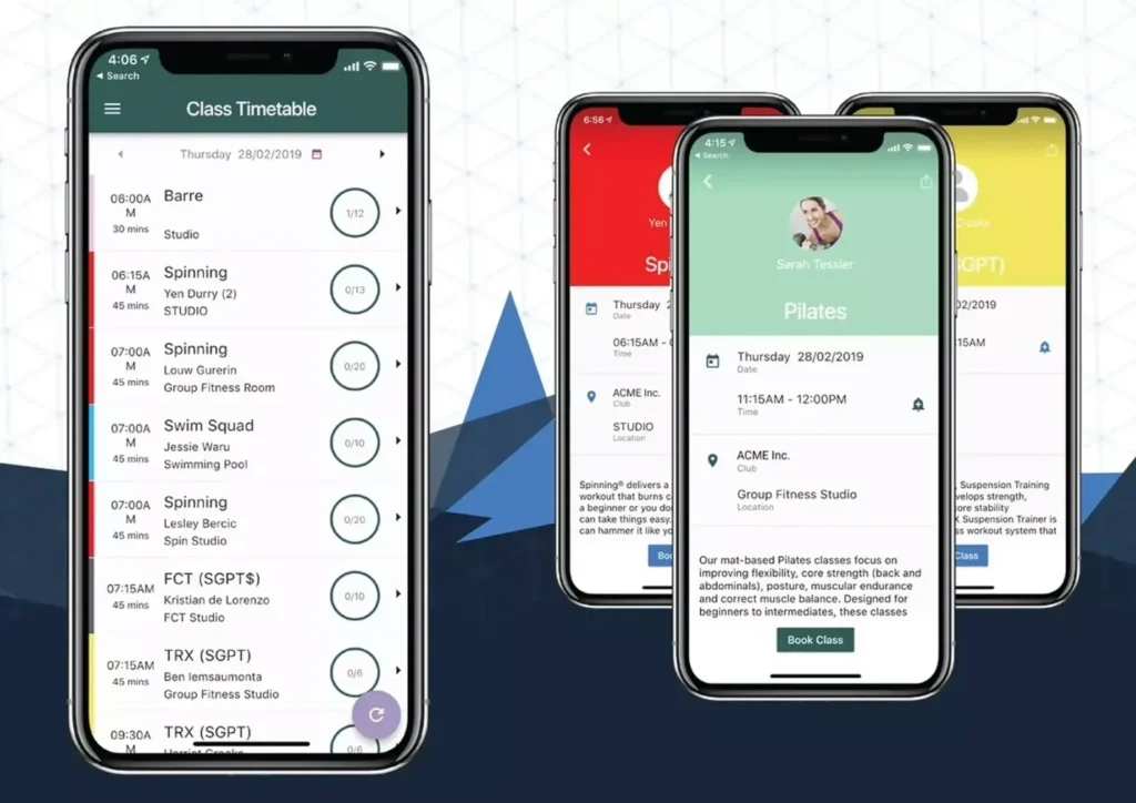 GymMaster class booking app showing daily fitness class timetable and booking options on mobile.