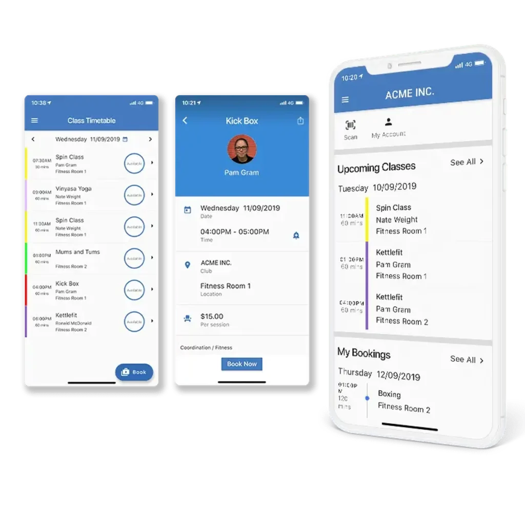 GymMaster mobile app interface showing fitness class schedule, booking details, and upcoming sessions.