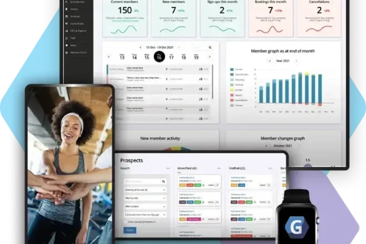 GymMaster gym management system with real-time reports, graphs, and wearable sync.