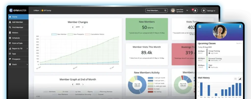 GymMaster dashboard with member analytics on desktop and class schedule on mobile.