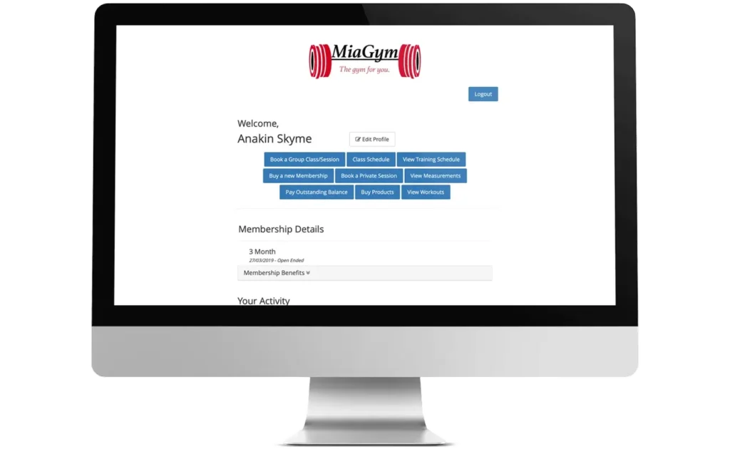 GymMaster member portal on desktop showing class booking options, membership details, and user activity.