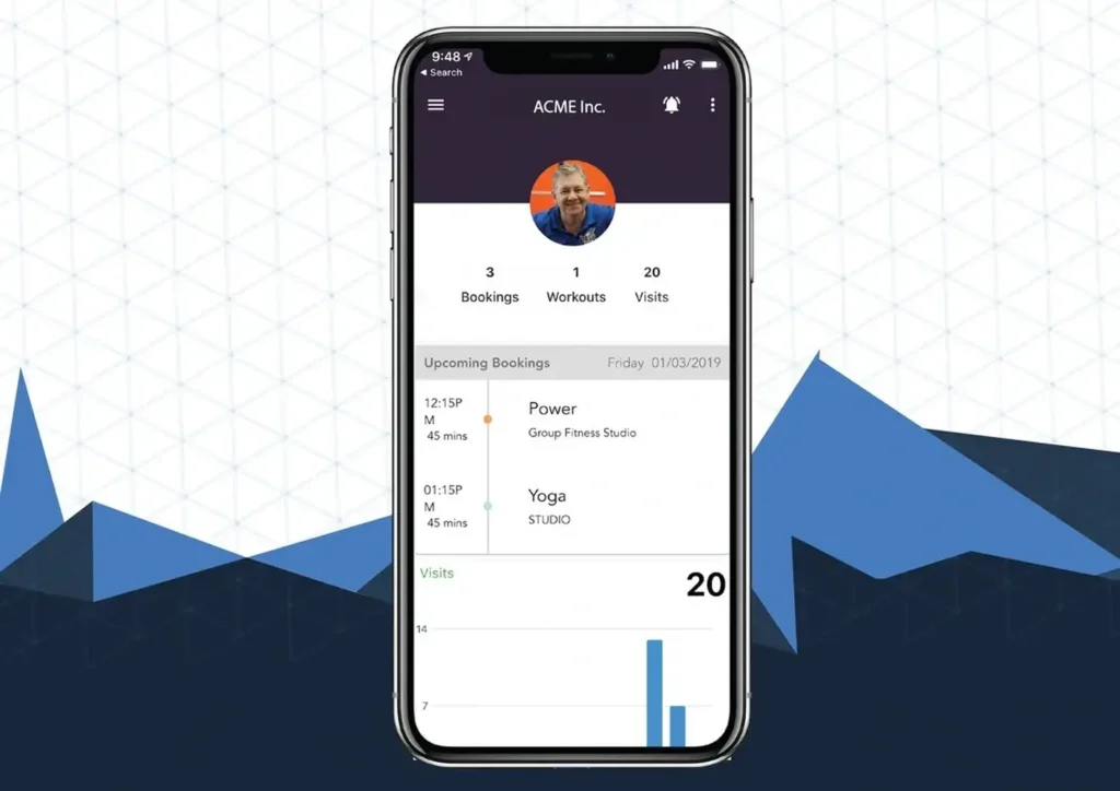 GymMaster mobile app dashboard showing bookings, workouts, visits, and upcoming class schedule.