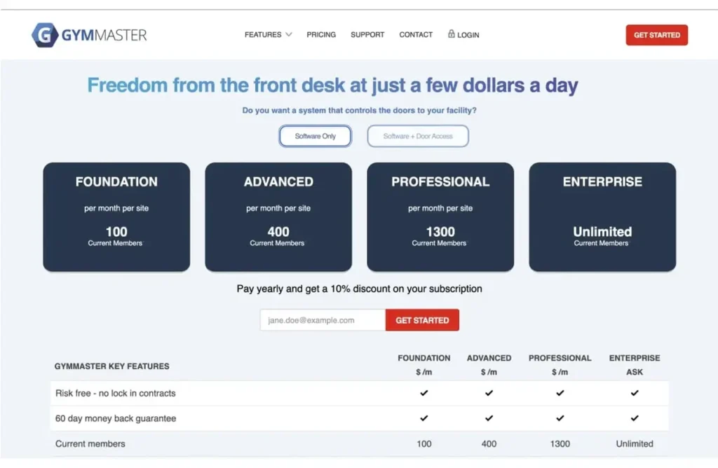 GymMaster pricing plans showing Foundation, Advanced, Professional, and Enterprise membership tiers.