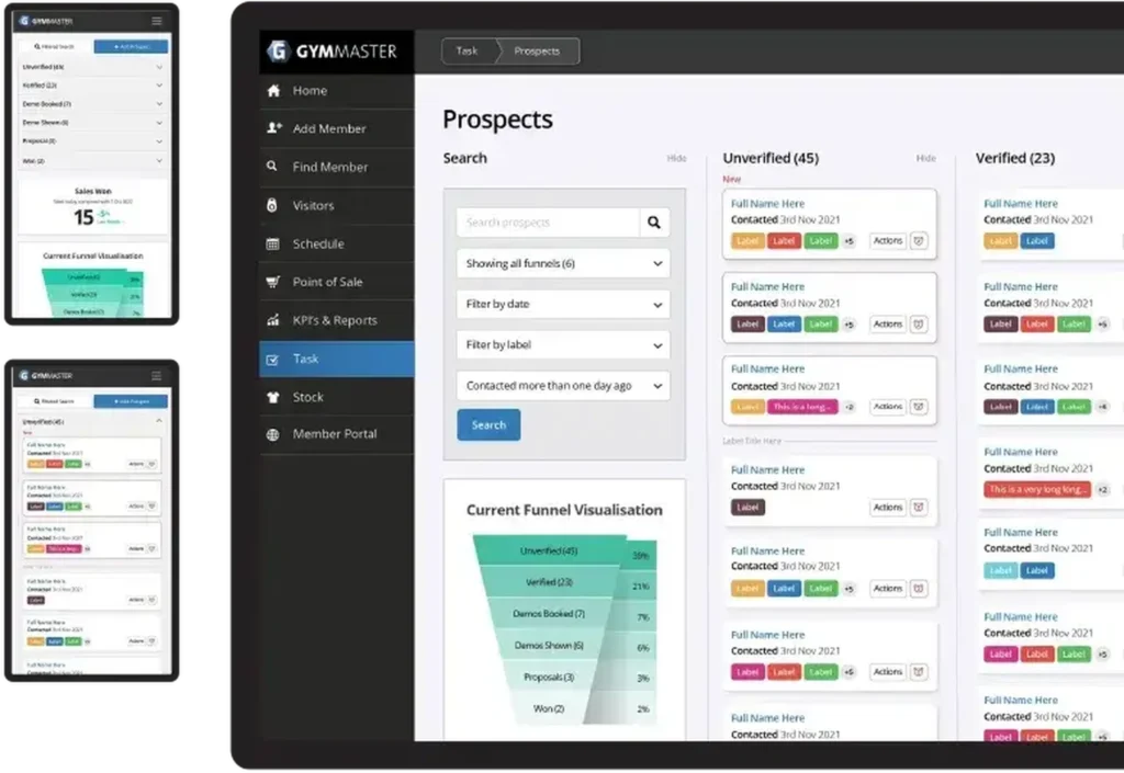 GymMaster prospects funnel dashboard showing lead stages, verification status, and sales tracking.