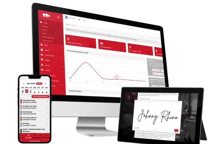 RhinoFit gym software dashboard 2025 showing member management and revenue insights
