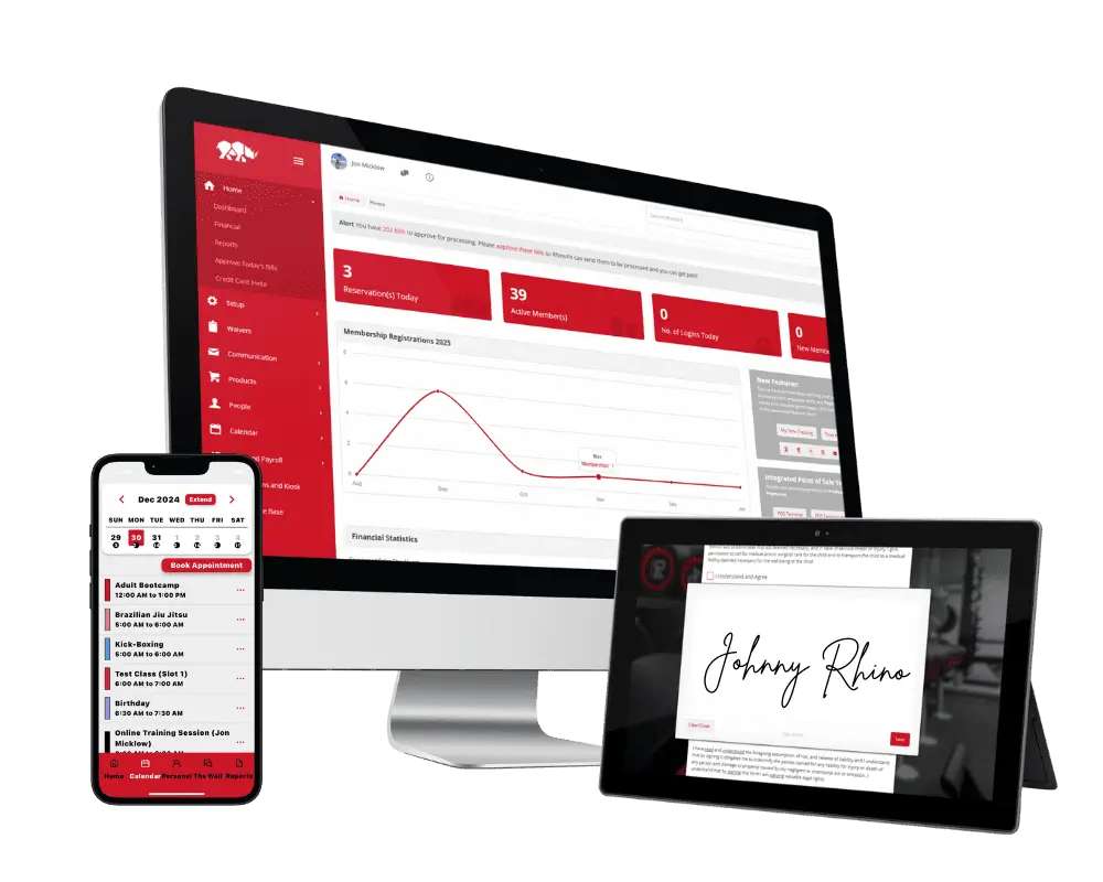 RhinoFit gym software dashboard 2025 showing member management and revenue insights