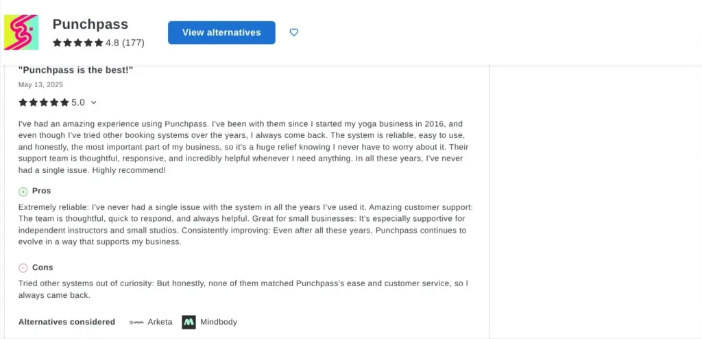 5-star Punchpass review, Capterra from yoga business owner praising booking system features