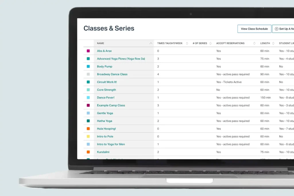 Punchpass software dashboard showing Classes & Series list for fitness studios.