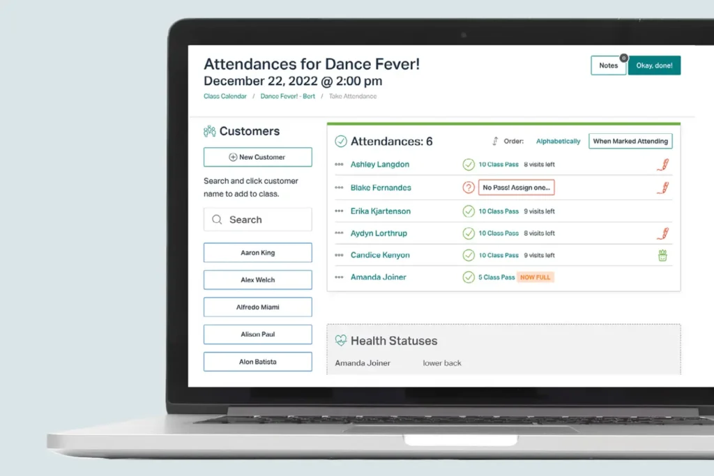 Punchpass attendance management dashboard for fitness and wellness studios