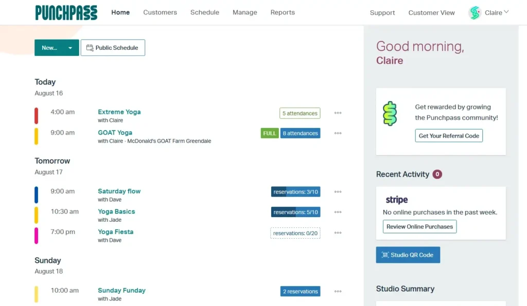 Punchpass dashboard showing class schedule and reservations for gym and studio management