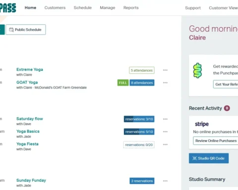 Punchpass dashboard showing class schedule and reservations for gym and studio management