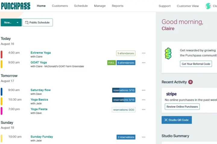 Punchpass dashboard showing class schedule and reservations for gym and studio management