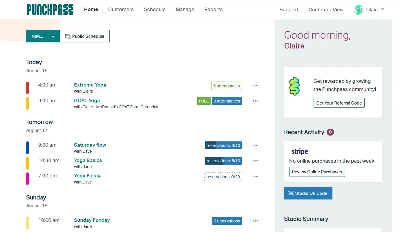 Punchpass dashboard showing class schedule and reservations for gym and studio management