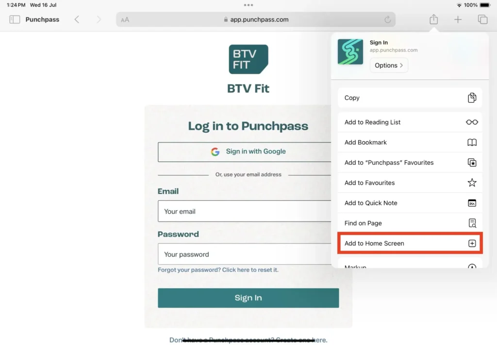 Punchpass login page on iPad with Add to Home Screen option highlighted.