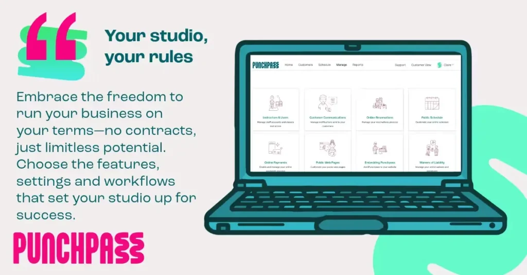 Punchpass marketing graphic with a laptop dashboard and tagline Your studio, your rules