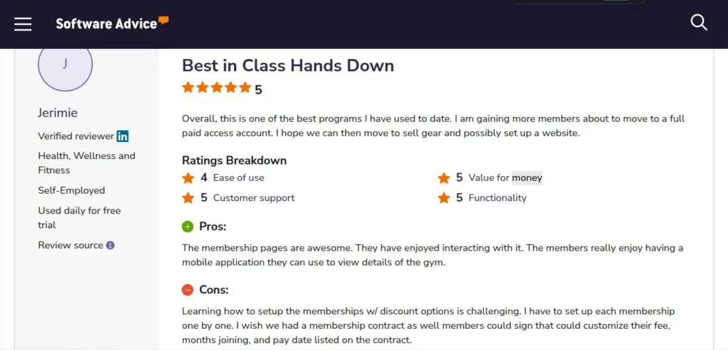 Rhinofit gym management software customer review with 5-star rating