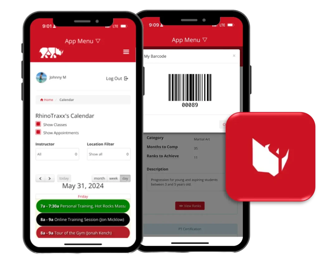 Rhinofit mobile app dashboard showing class calendar, barcode access, and personal training schedule for gym members