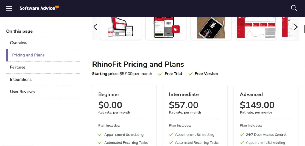 RhinoFit pricing and plans for gym management software