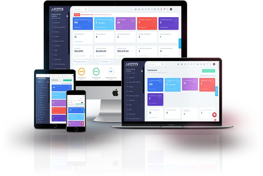 Spark Membership dashboard displayed on desktop, tablet, and mobile devices for gym and martial arts studio management