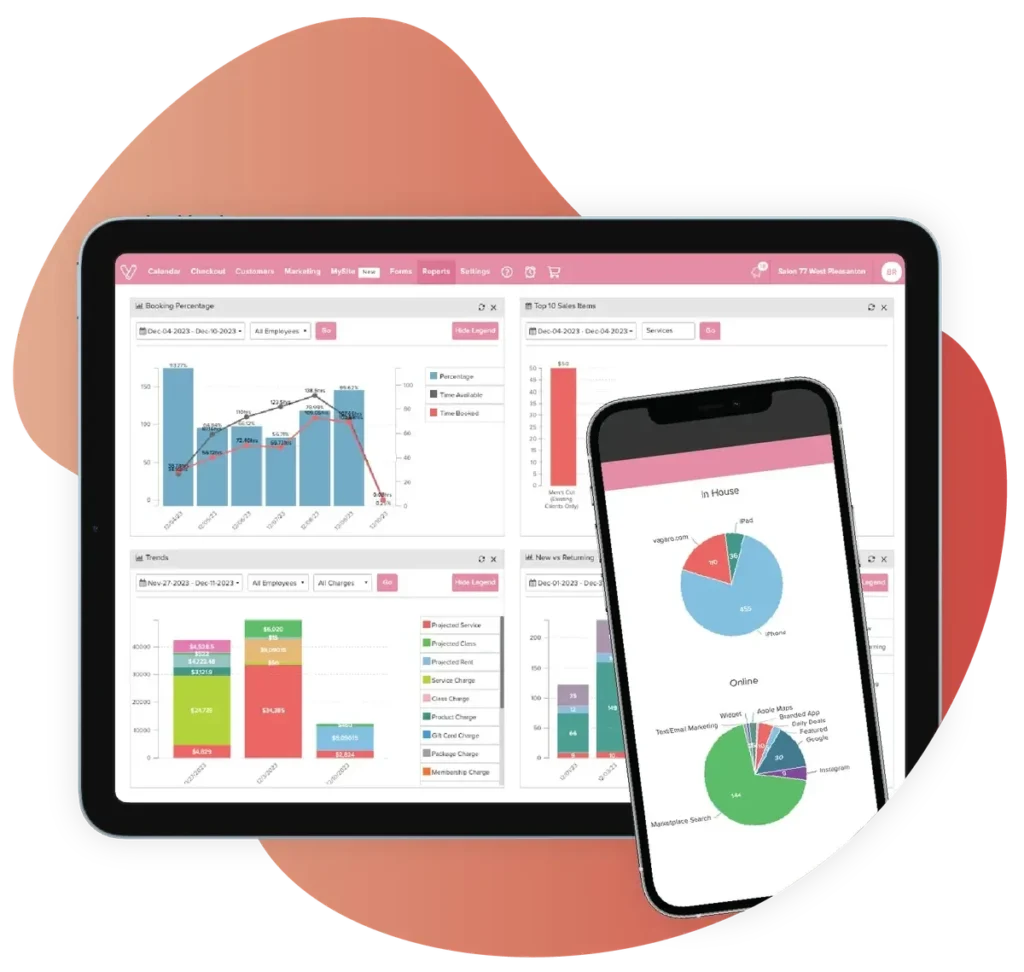 Vagaro studio management software dashboard 2025 on tablet and mobile showing booking and revenue charts
