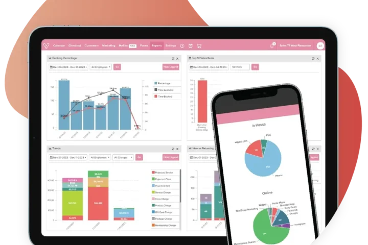 Vagaro studio management software dashboard 2025 on tablet and mobile showing booking and revenue charts