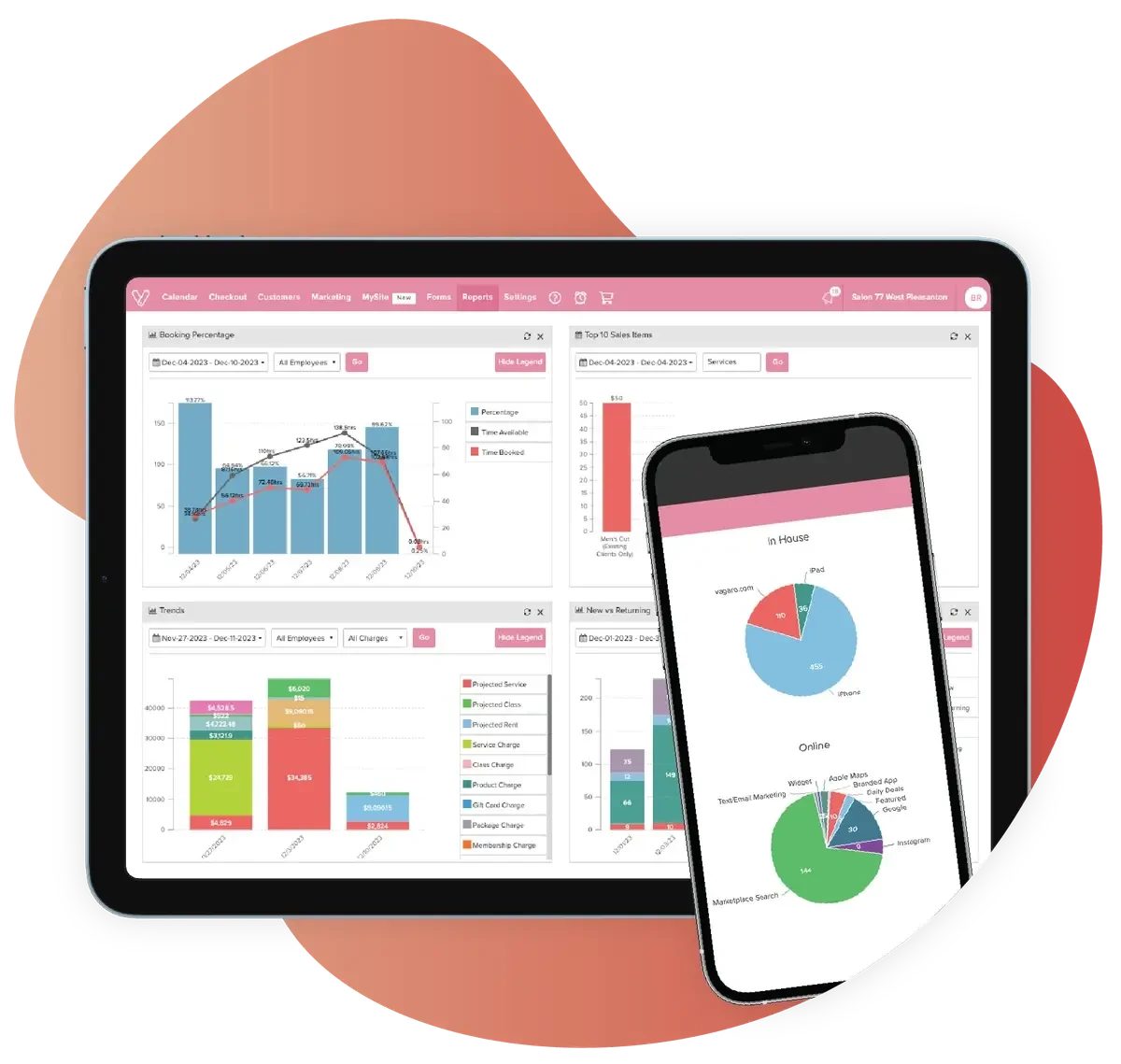 Vagaro studio management software dashboard 2025 on tablet and mobile showing booking and revenue charts