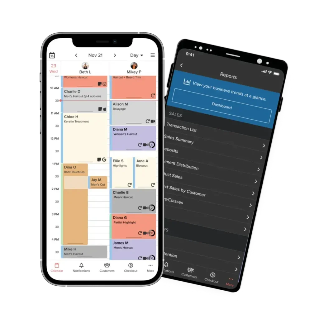 Vagaro App view showing calendar bookings and business insights