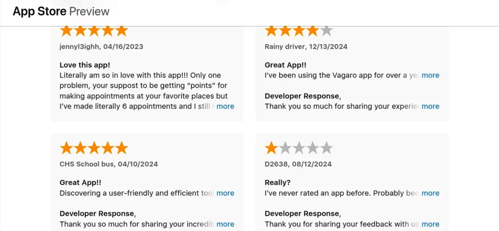 Vagaro App Store reviews screenshot showing customer feedback with star ratings and highlighted text in high quality HD
