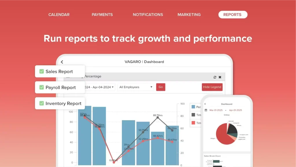 Vagaro reporting tools displaying sales, payroll, and inventory data for studio management