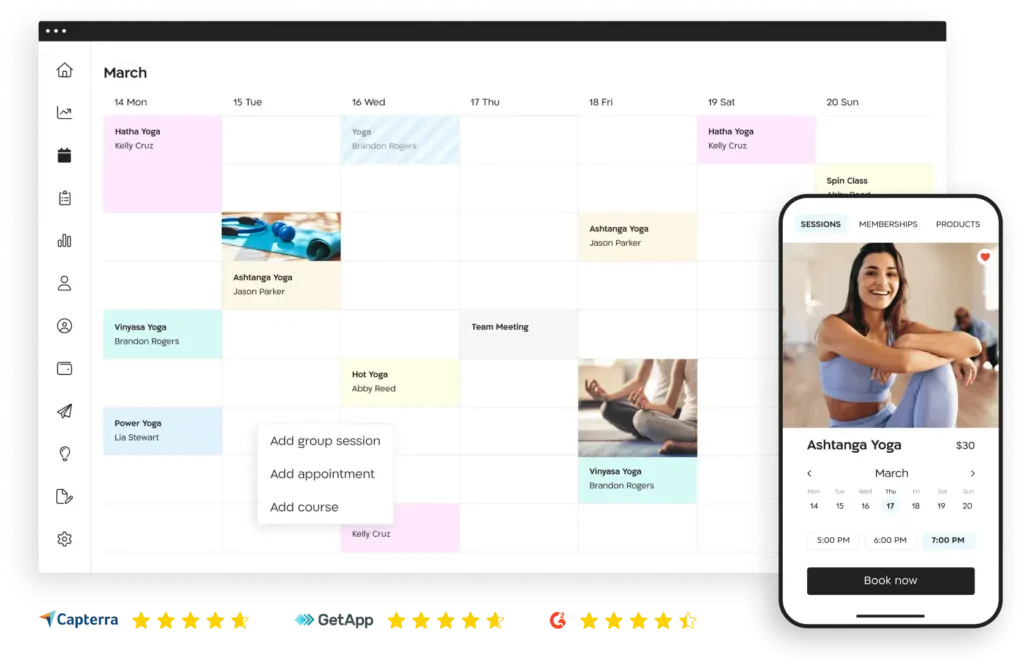 Arbox App: Yoga class scheduling and booking dashboard with mobile app view showing Ashtanga Yoga session calendar and booking options.”