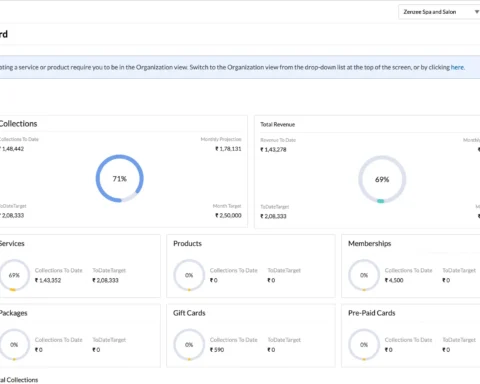 Zenoti admin dashboard interface showing analytics and scheduling tools for wellness and fitness businesses