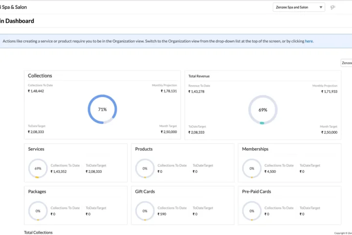 Zenoti admin dashboard interface showing analytics and scheduling tools for wellness and fitness businesses