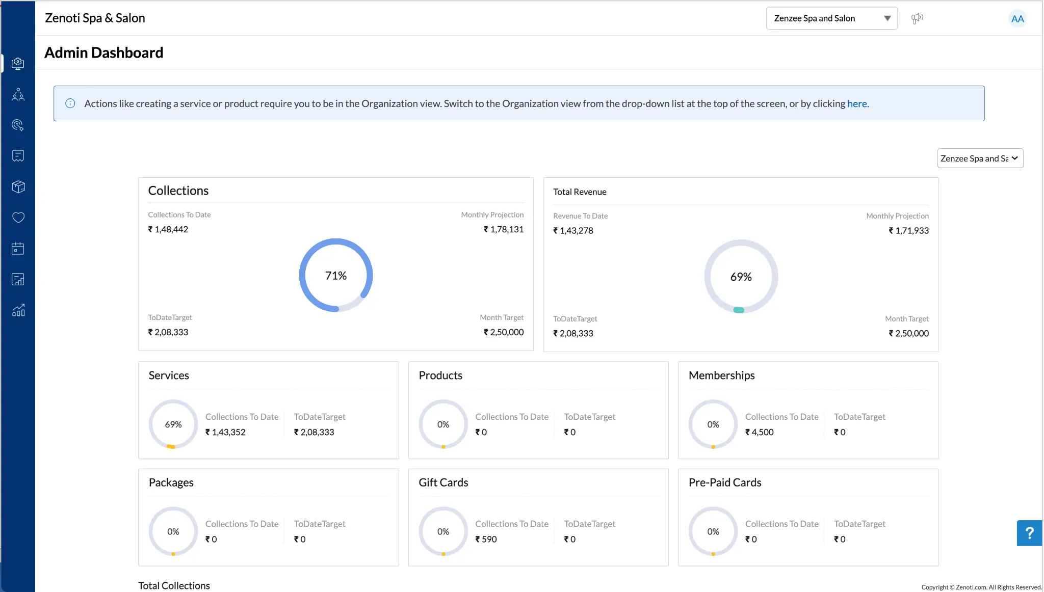 Zenoti admin dashboard interface showing analytics and scheduling tools for wellness and fitness businesses