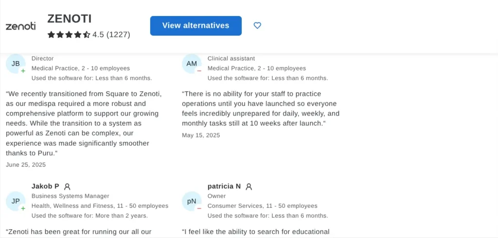 Zenoti customer reviews on Capterra 2025 showing feedback from owners and healthcare professionals