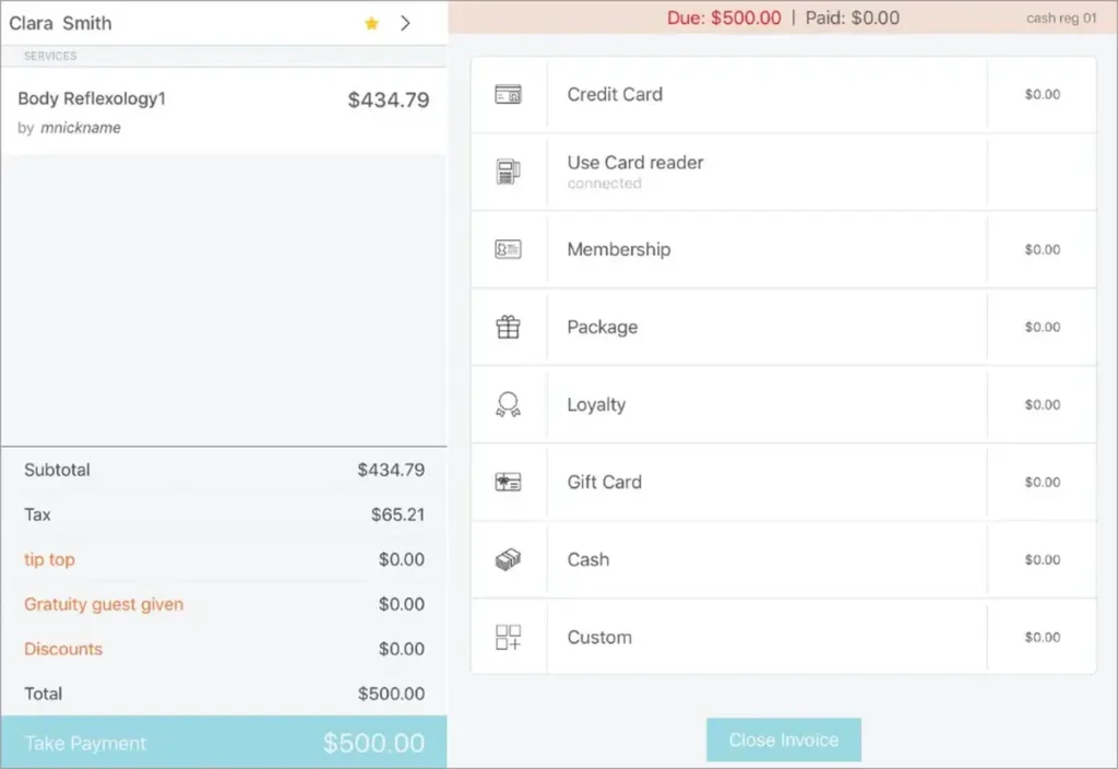 Zenoti salon payment system showing total amount, tax, and multiple payment methods.