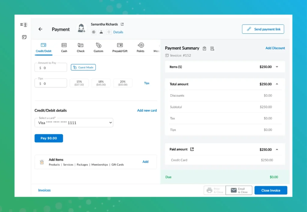 Zenoti payment interface showing credit card checkout and payment summary