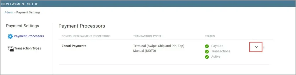 Zenoti payment processor setup screen showing active payout and transaction status.