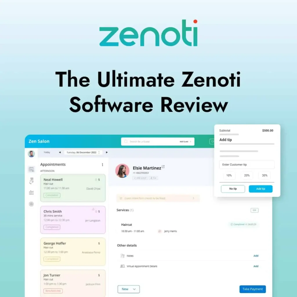 Zenoti software dashboard showcasing appointment management and payment features